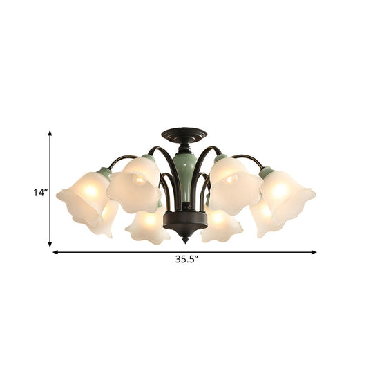 Black Flower Semi Flush Frosted Glass Ceiling Mount with Curved Arm - Countryside Style, 3/6/8 Heads - Living Room