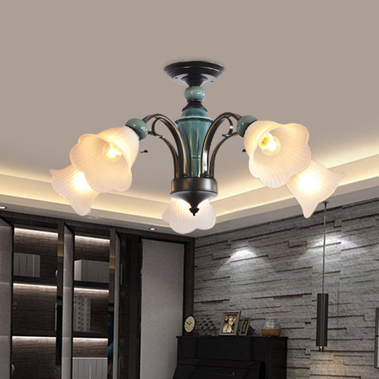 Rural Style Semi Flush Mount Light with Swooping Arm - Black Finish Ceiling Lighting for Living Room (3/5/6 Lights)