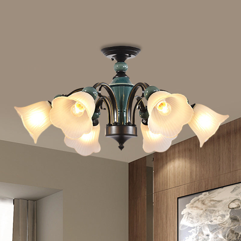 Rural Style Semi Flush Mount Light with Swooping Arm - Black Finish Ceiling Lighting for Living Room (3/5/6 Lights)