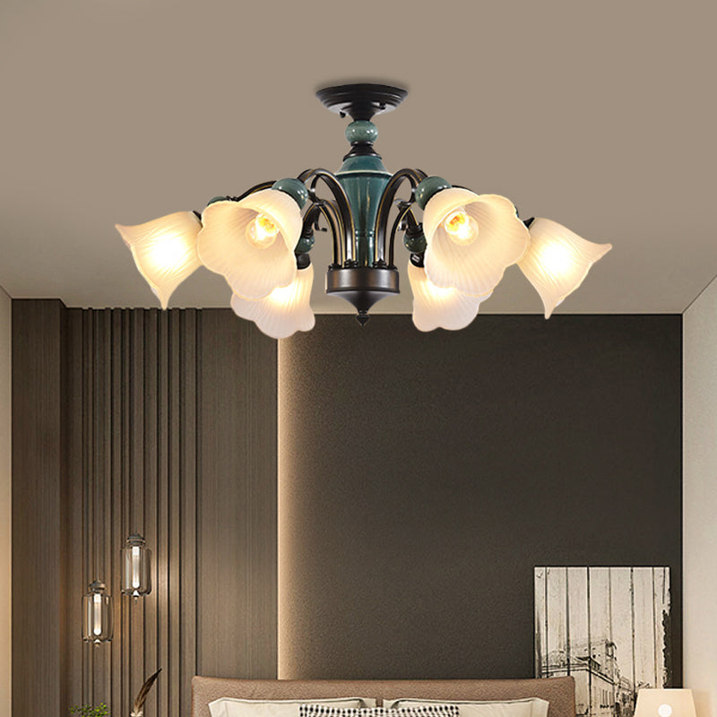 Rural Style Semi Flush Mount Light with Swooping Arm - Black Finish Ceiling Lighting for Living Room (3/5/6 Lights)