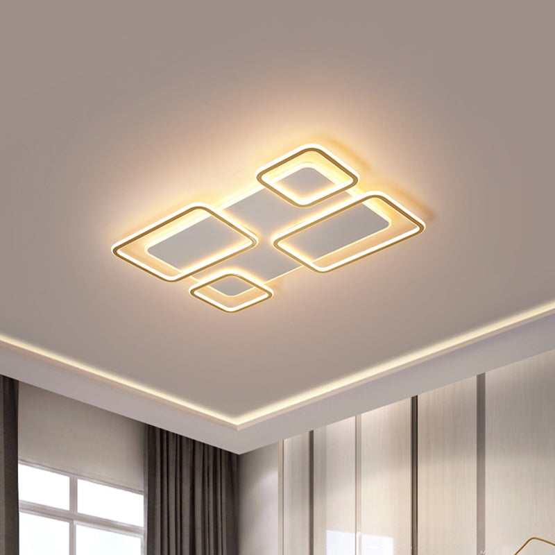 White and Gold LED Ceiling Light with Rectangle Iron Frame for Minimalist Living Rooms - Warm/White Light