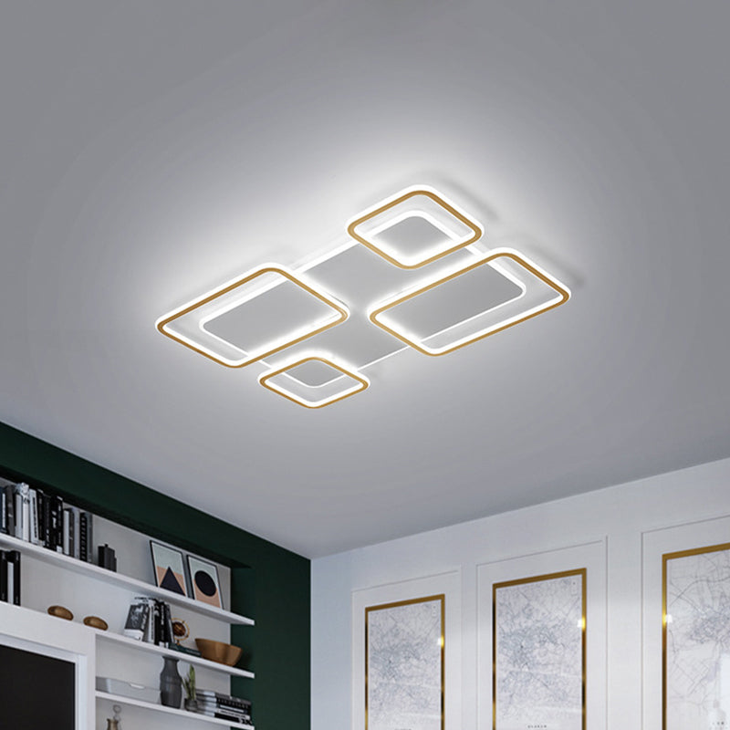 White and Gold LED Ceiling Light with Rectangle Iron Frame for Minimalist Living Rooms - Warm/White Light