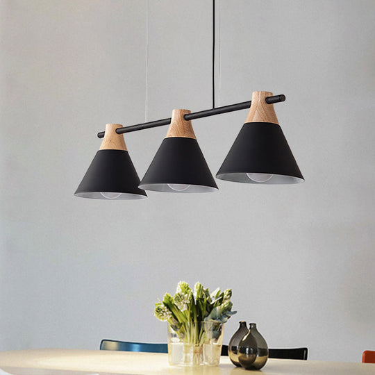 Modern Macaron Cone Hanging Light Pendant - 3 Heads Island Fixture In Black/White/Blue With Wood