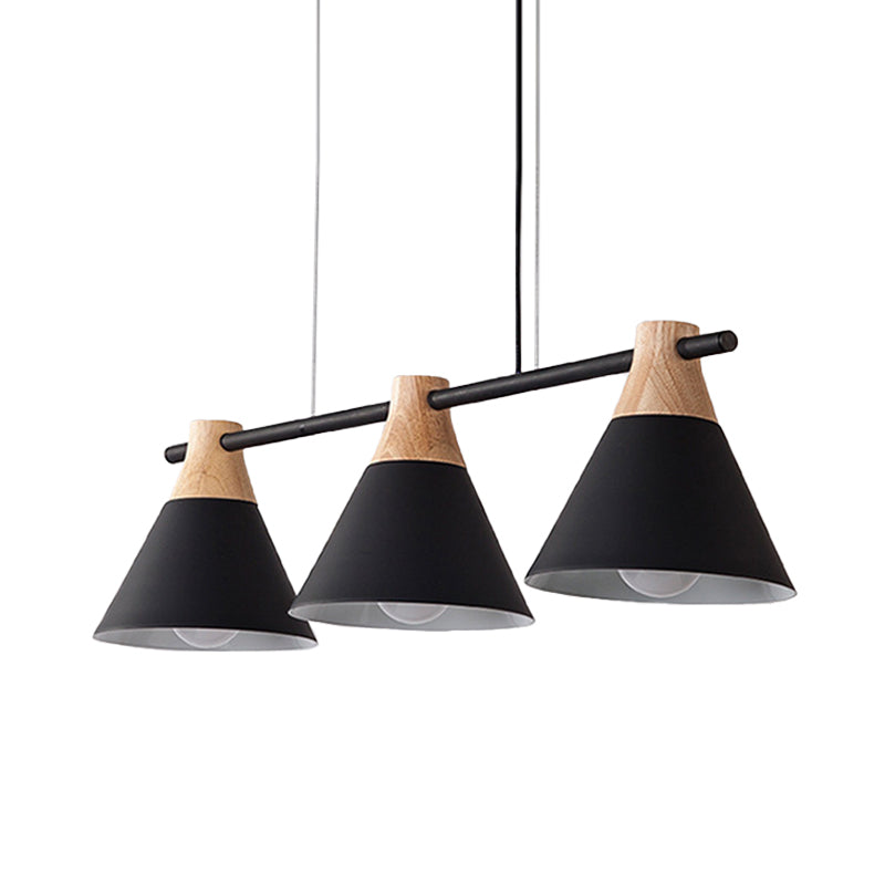 Modern Macaron Cone Hanging Light Pendant - 3 Heads Island Fixture In Black/White/Blue With Wood