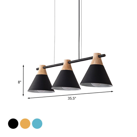 Modern Macaron Cone Hanging Light Pendant - 3 Heads Island Fixture In Black/White/Blue With Wood