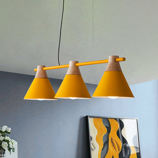 Modern Macaron Cone Hanging Light Pendant - 3 Heads Island Fixture In Black/White/Blue With Wood