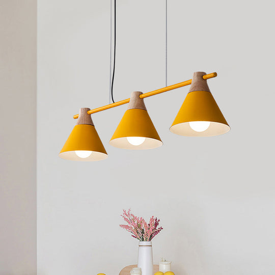 Modern Macaron Cone Hanging Light Pendant - 3 Heads Island Fixture In Black/White/Blue With Wood