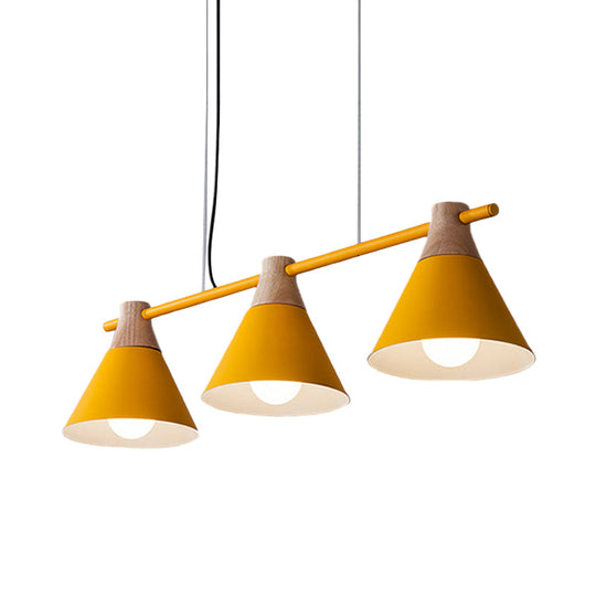 Modern Macaron Cone Hanging Light Pendant - 3 Heads Island Fixture In Black/White/Blue With Wood