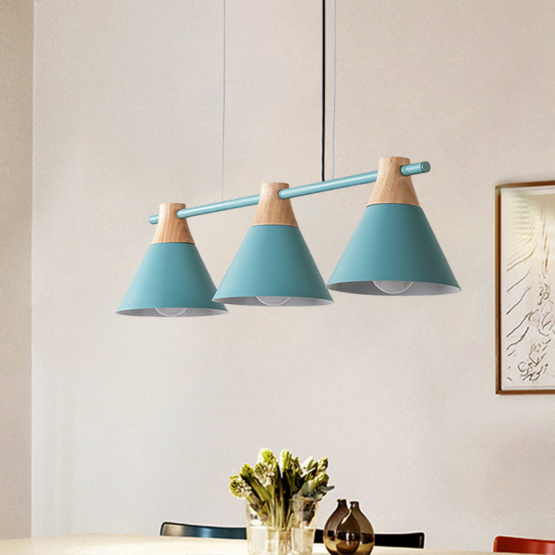 Modern Macaron Cone Hanging Light Pendant - 3 Heads Island Fixture In Black/White/Blue With Wood