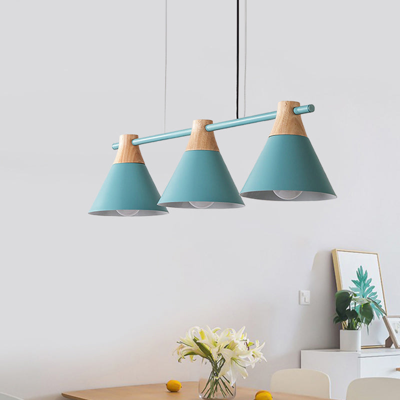 Modern Macaron Cone Hanging Light Pendant - 3 Heads Island Fixture In Black/White/Blue With Wood