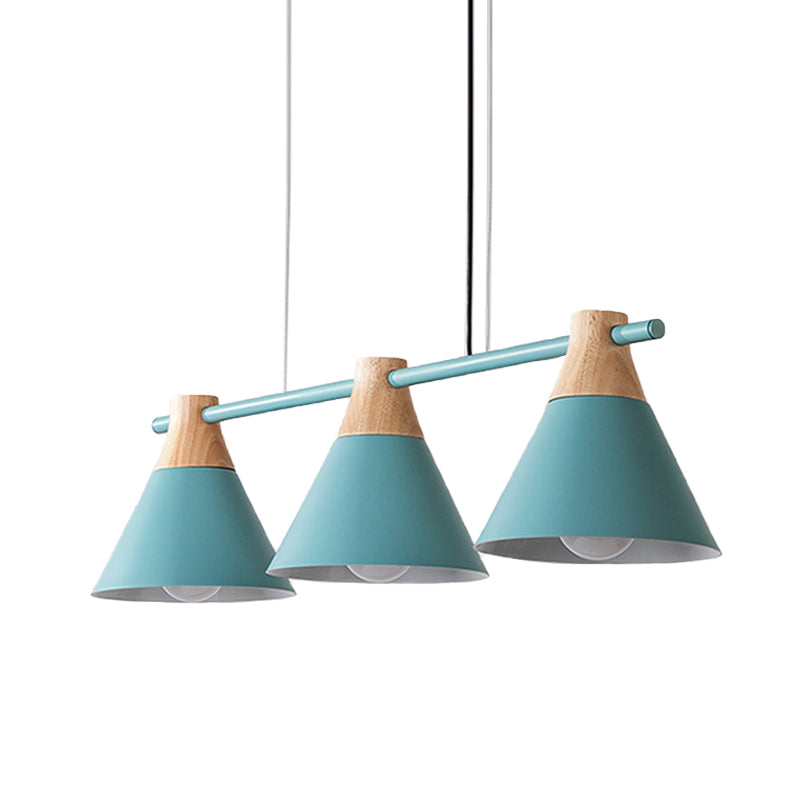 Modern Macaron Cone Hanging Light Pendant - 3 Heads Island Fixture In Black/White/Blue With Wood