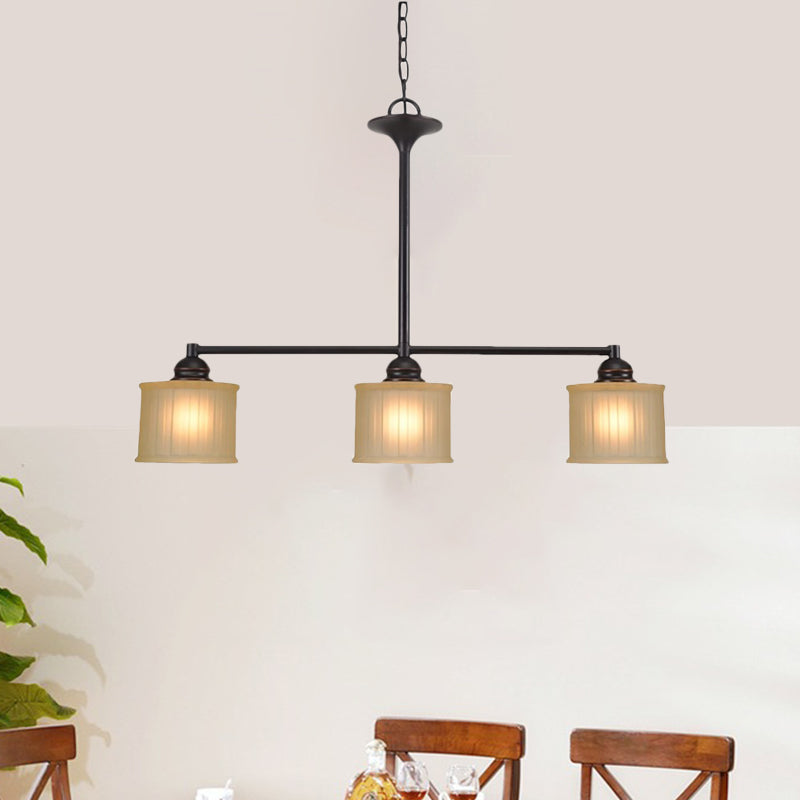 3-Head Glass Pendant Light With Linear Hanging Lamp - Traditional Style Cylinder Shade Black Color