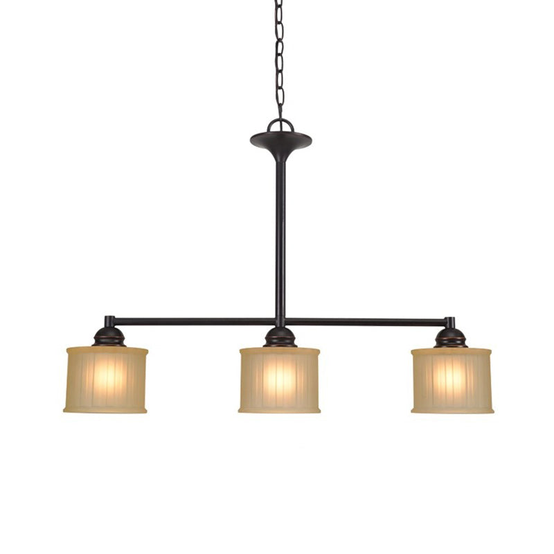 3-Head Glass Pendant Light With Linear Hanging Lamp - Traditional Style Cylinder Shade Black Color