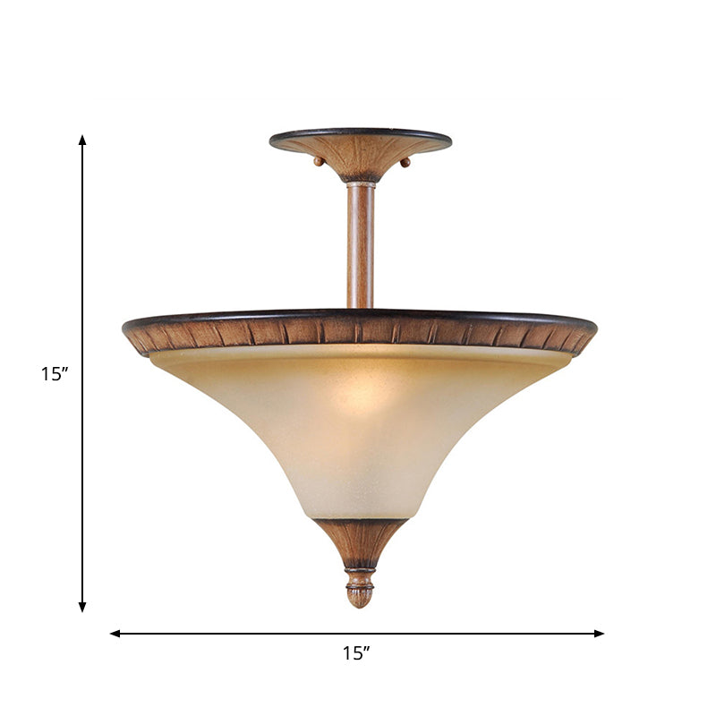 Rustic 2-Head Semi Flush Wood Ceiling Lamp with Tan Glass - Farmhouse Cone Lighting Fixture