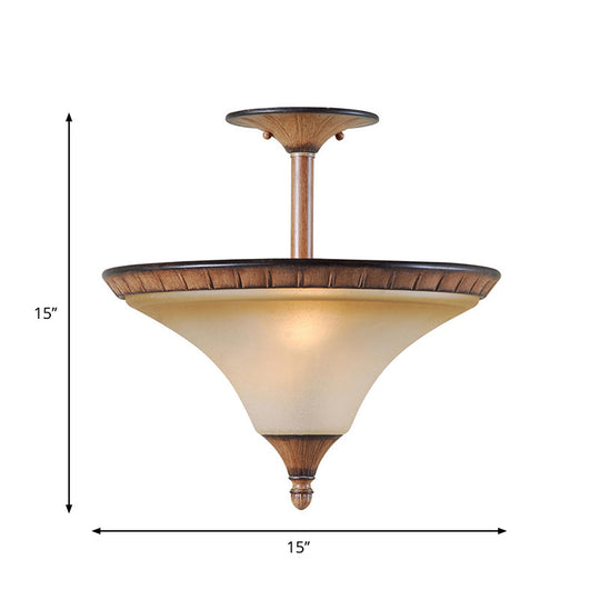 Rustic 2-Head Semi Flush Wood Ceiling Lamp with Tan Glass - Farmhouse Cone Lighting Fixture