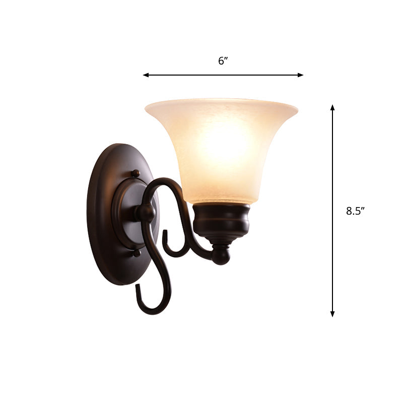 Country Style Bell White Glass Sconce With 1 Light Indoor Wall Mount Fixture In Black