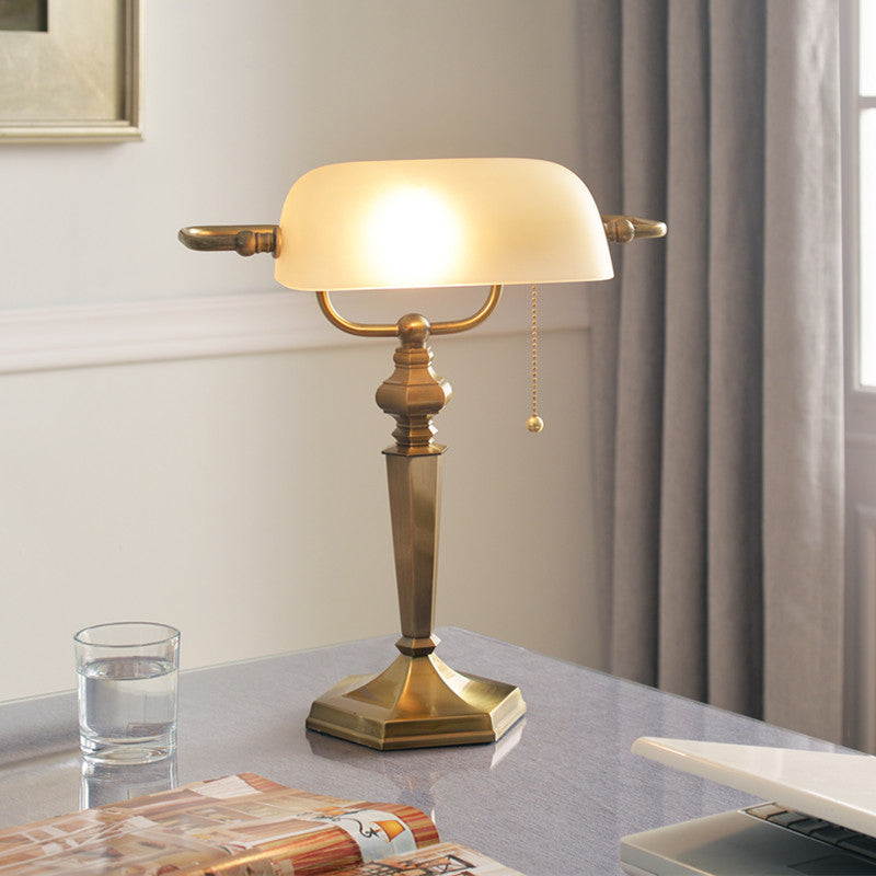 Traditional Black/Brass Finish Metal Desk Lamp With Pull Chain 1 Light Tan Glass Shade Brass