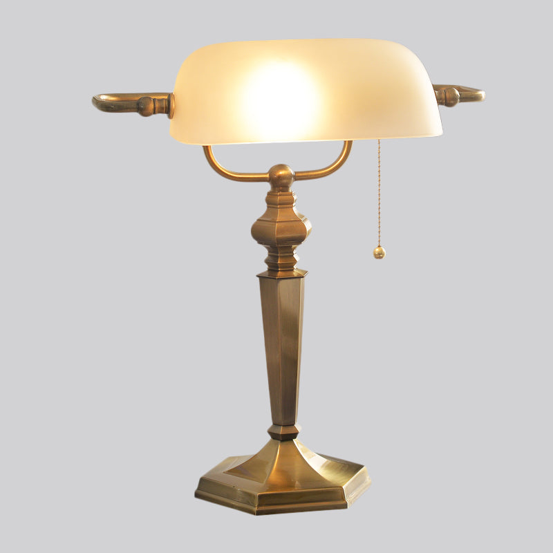 Traditional Black/Brass Finish Metal Desk Lamp With Pull Chain 1 Light Tan Glass Shade