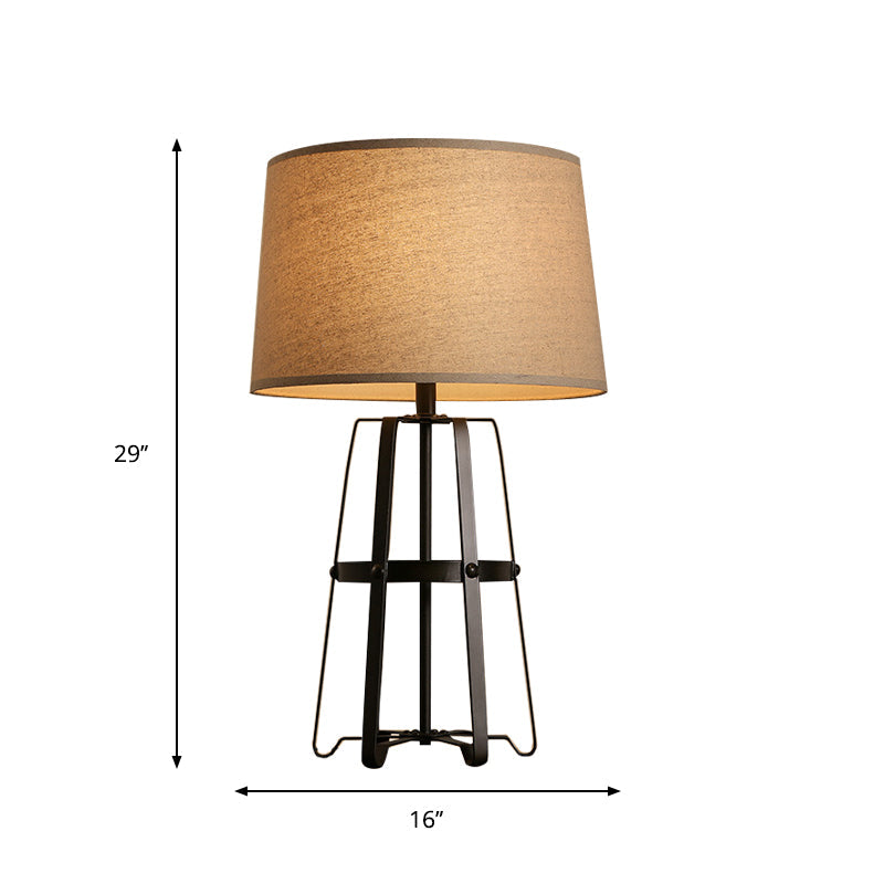 Drum Table Lamp In Brown Countryside Fabric - 1 Head Frame Base Living Room Lighting