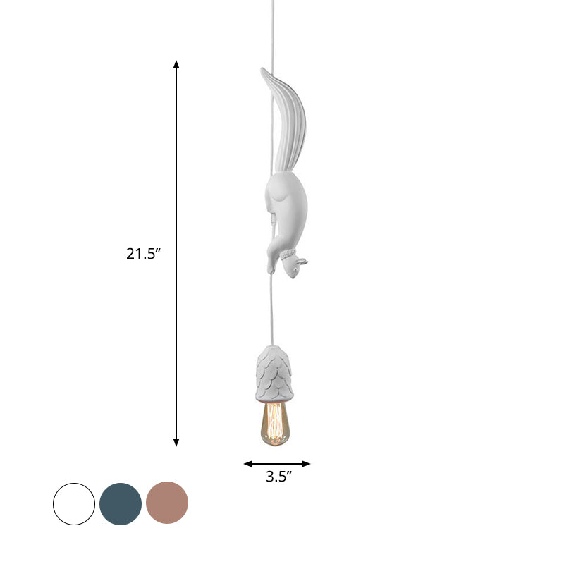 Pinecone-Shaped Hanging Lamp: 1-Light Resin Pendant Light In White/Pink/Blue With Squirrel Decor