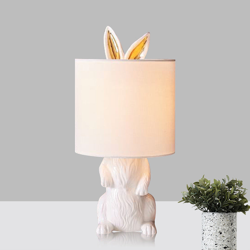 White Rabbit Resin Bedside Lamp - Countryside Style Fabric Shade 1-Light Table Light