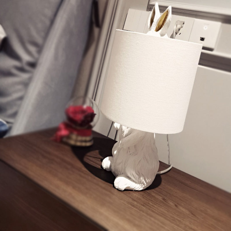 White Rabbit Resin Bedside Lamp - Countryside Style Fabric Shade 1-Light Table Light