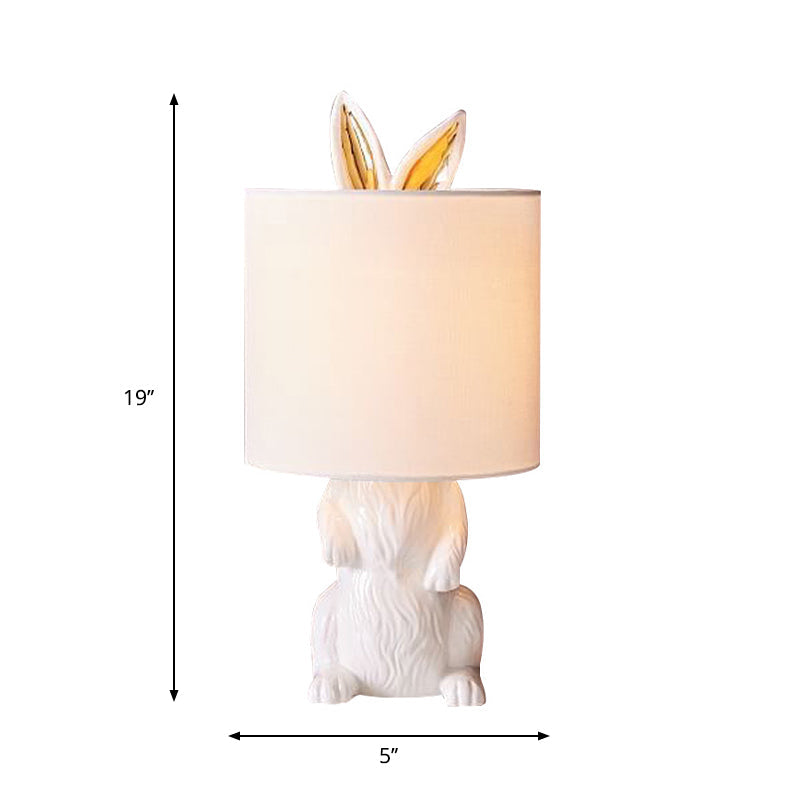 White Rabbit Resin Bedside Lamp - Countryside Style Fabric Shade 1-Light Table Light