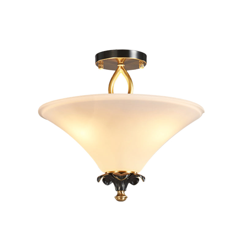 Horn-Shaped White Glass Semi Flush Lamp - Country Style with 3 Lights for Bedroom Ceiling in Brass