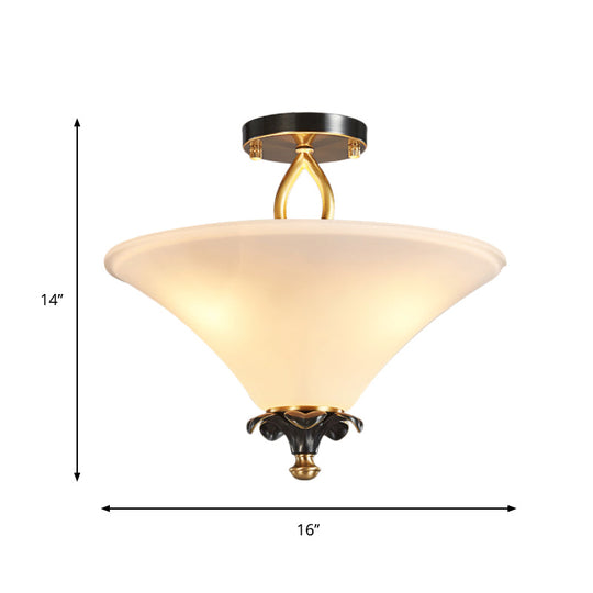 Horn-Shaped White Glass Semi Flush Lamp - Country Style with 3 Lights for Bedroom Ceiling in Brass