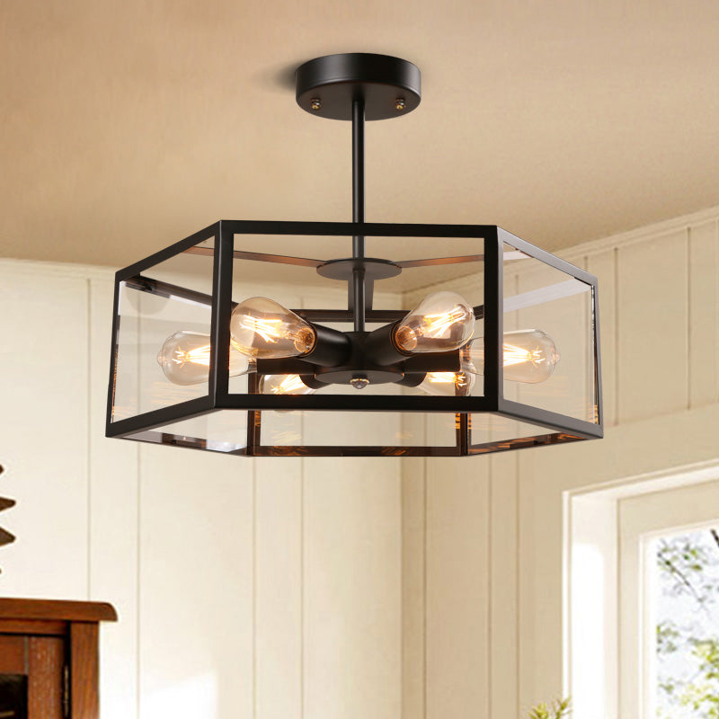 Antique Black Hexagon Semi Flush Light Fixture - 6 Lights Clear Glass Close To Ceiling Lamp