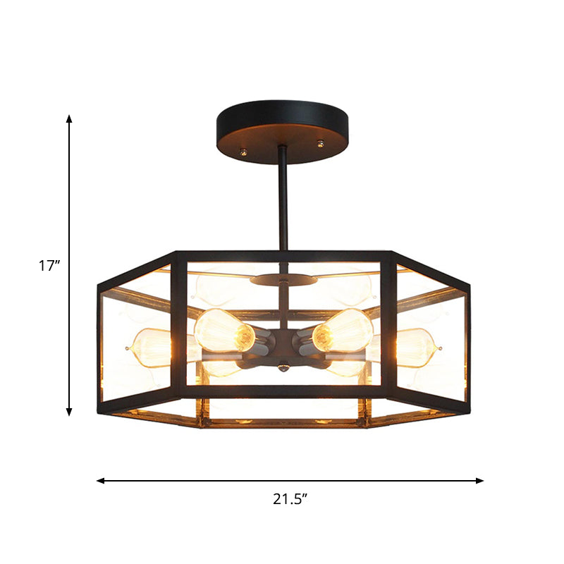 Antique Black Hexagon Semi Flush Light Fixture - 6 Lights Clear Glass Close To Ceiling Lamp