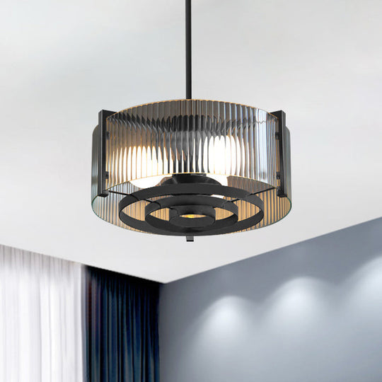 Vintage Black 3-Head Semi Flush Mount Ceiling Lamp with Clear Glass Drum and Trellis/Stripe Design