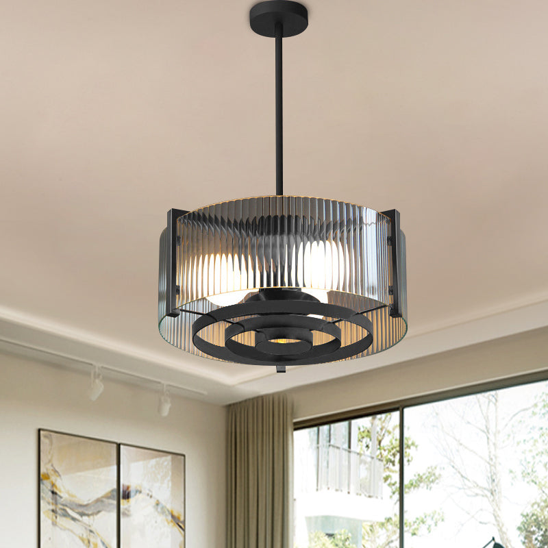 Vintage Black 3-Head Semi Flush Mount Ceiling Lamp with Clear Glass Drum and Trellis/Stripe Design