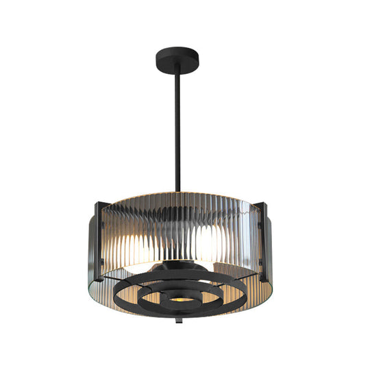 Vintage Black 3-Head Semi Flush Mount Ceiling Lamp with Clear Glass Drum and Trellis/Stripe Design