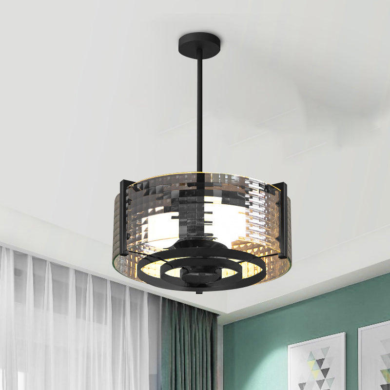 Vintage Black 3-Head Semi Flush Mount Ceiling Lamp with Clear Glass Drum and Trellis/Stripe Design