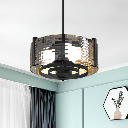 Vintage Black 3-Head Semi Flush Mount Ceiling Lamp with Clear Glass Drum and Trellis/Stripe Design