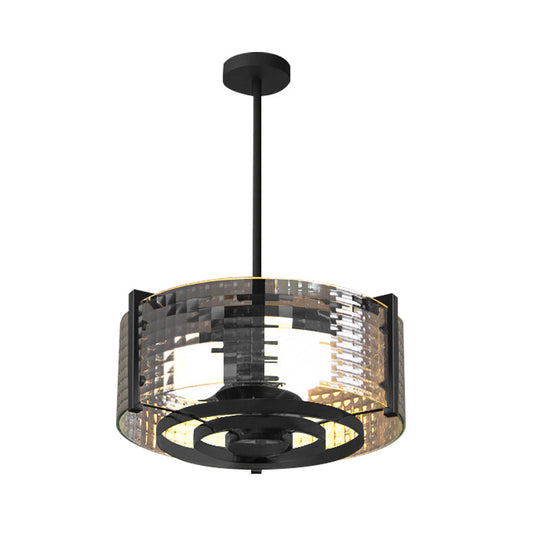 Vintage Black 3-Head Semi Flush Mount Ceiling Lamp with Clear Glass Drum and Trellis/Stripe Design