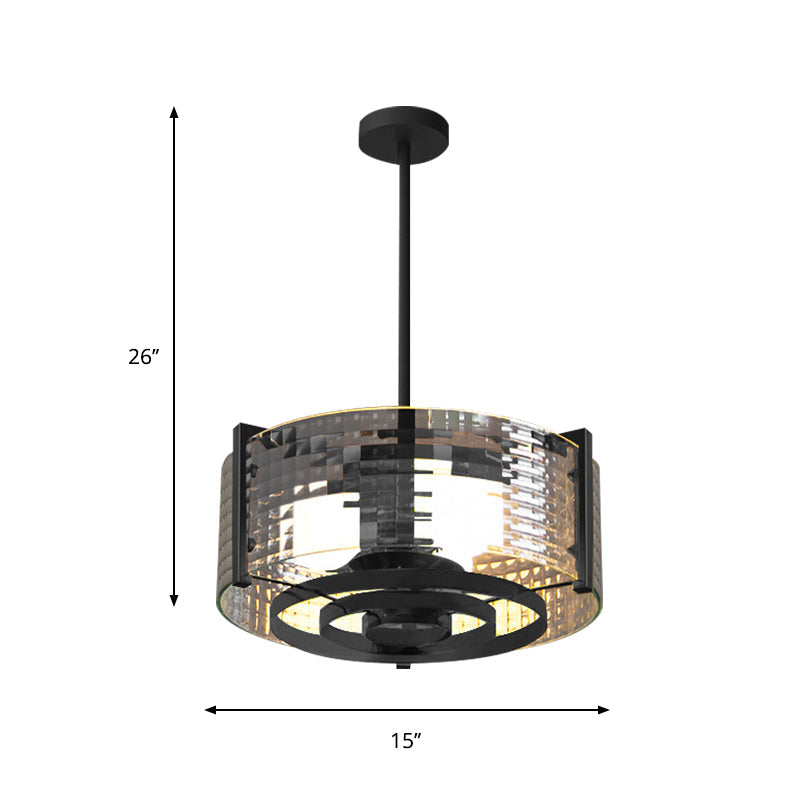 Vintage Black 3-Head Semi Flush Mount Ceiling Lamp with Clear Glass Drum and Trellis/Stripe Design