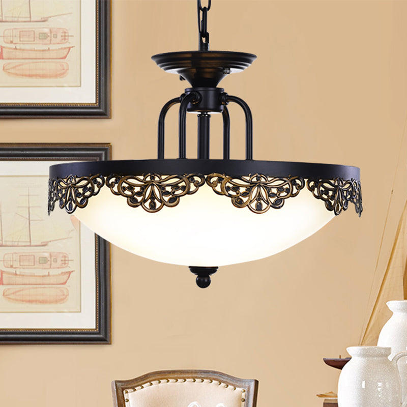 Countryside Black Finish Hanging Chandelier With Opal Glass Dome - 2 Bulbs Pendant Light Fixture