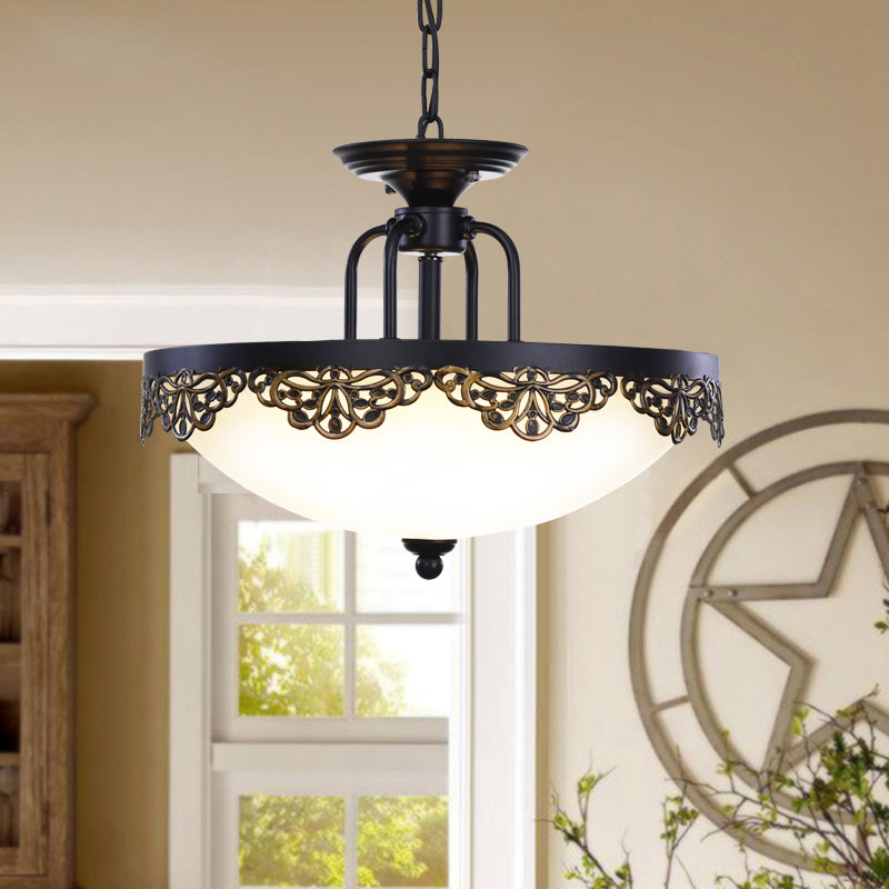 Countryside Black Finish Hanging Chandelier With Opal Glass Dome - 2 Bulbs Pendant Light Fixture