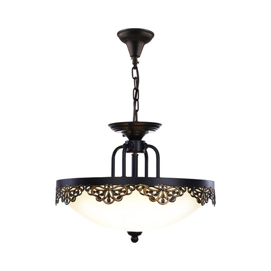 Countryside Black Finish Hanging Chandelier With Opal Glass Dome - 2 Bulbs Pendant Light Fixture