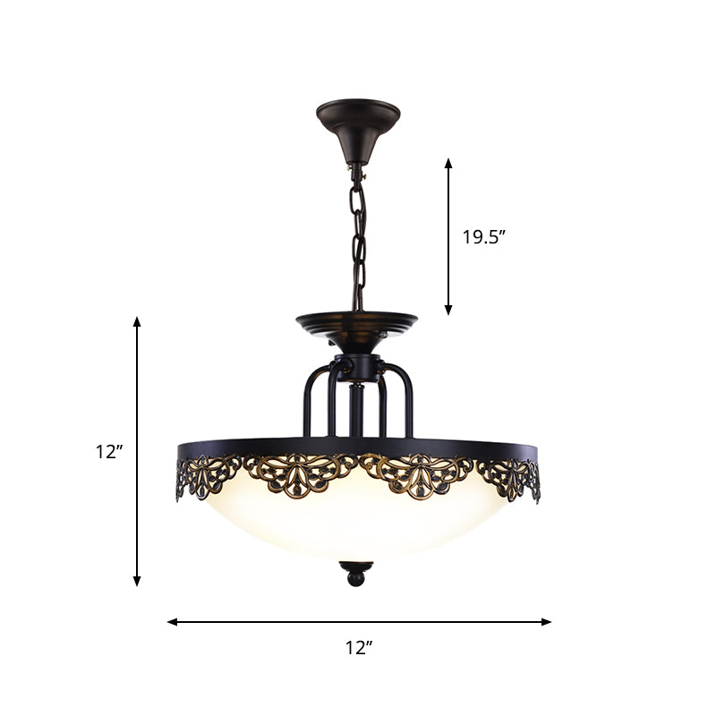 Countryside Black Finish Hanging Chandelier With Opal Glass Dome - 2 Bulbs Pendant Light Fixture