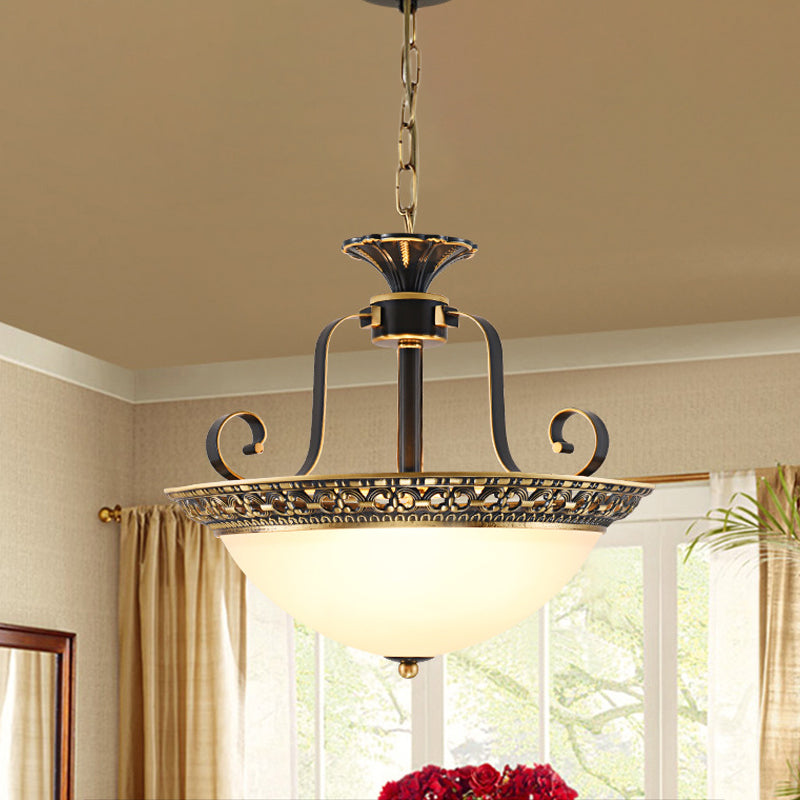 Opal Glass Ceiling Chandelier - Traditional 3-Light Brass Suspension Lamp