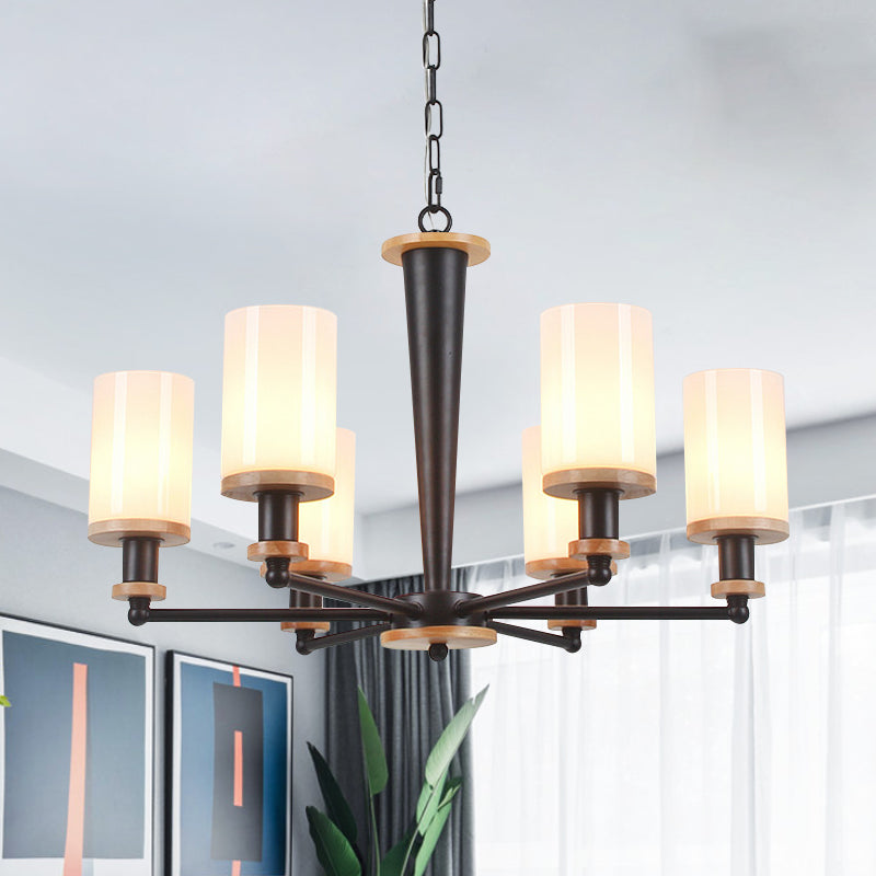 Classic Cylindrical Pendant Chandelier With White Glass Available In 3/5/6 Heads Black Finish