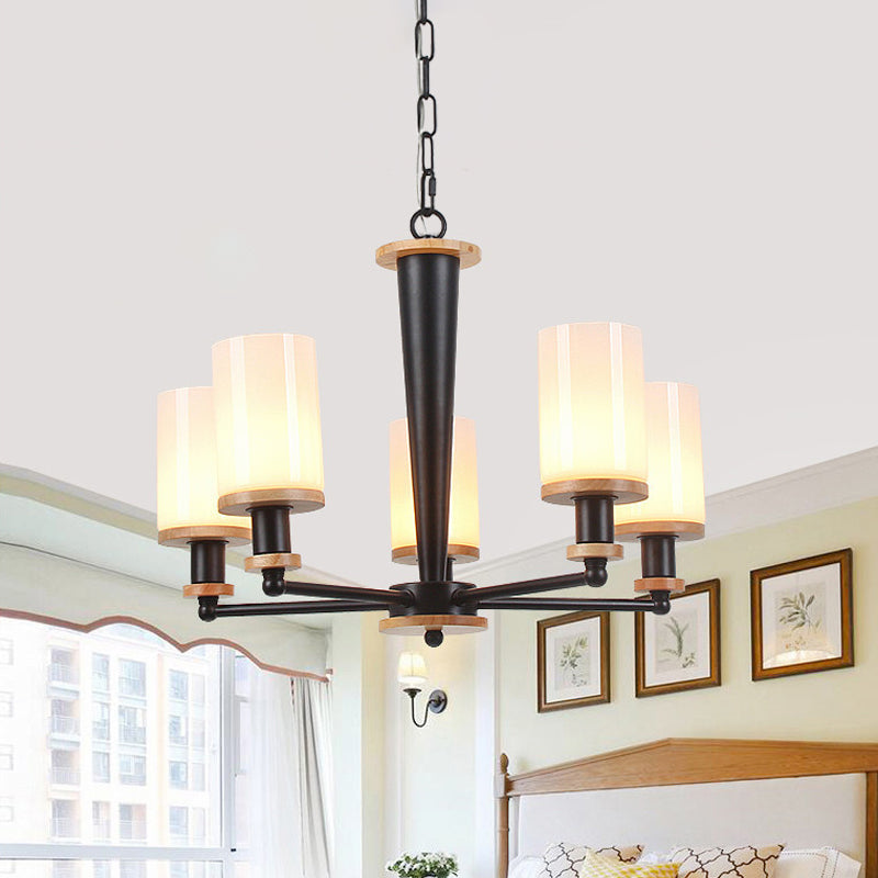 Classic Cylindrical Pendant Chandelier With White Glass Available In 3/5/6 Heads Black Finish