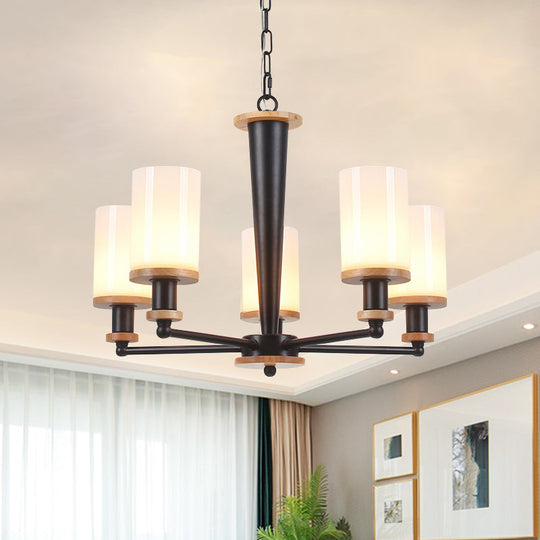 Classic Cylindrical Pendant Chandelier With White Glass Available In 3/5/6 Heads Black Finish