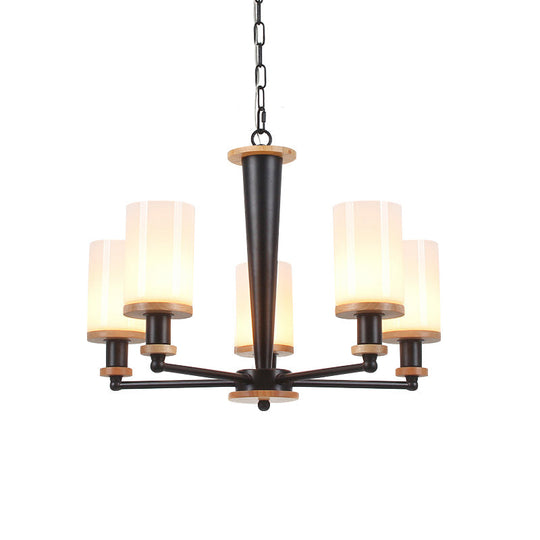 Classic Cylindrical Pendant Chandelier With White Glass Available In 3/5/6 Heads Black Finish