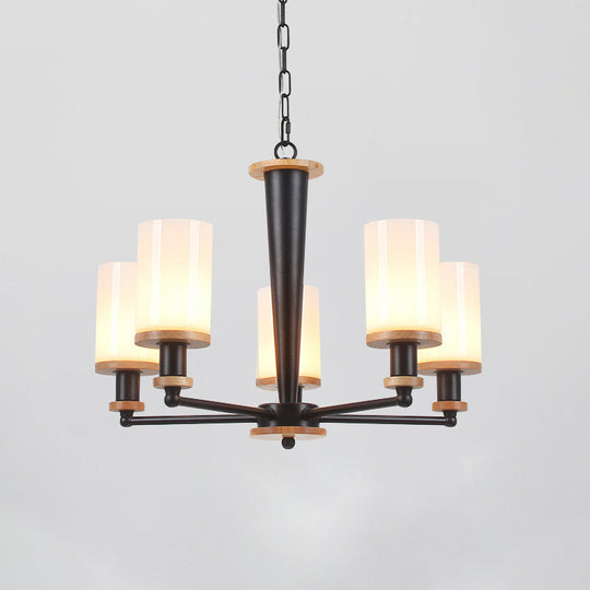 Classic Cylindrical Pendant Chandelier With White Glass Available In 3/5/6 Heads Black Finish