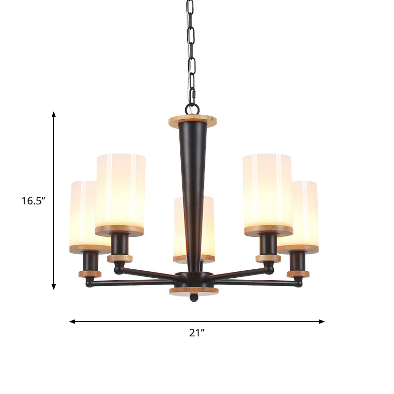 Classic Cylindrical Pendant Chandelier With White Glass Available In 3/5/6 Heads Black Finish