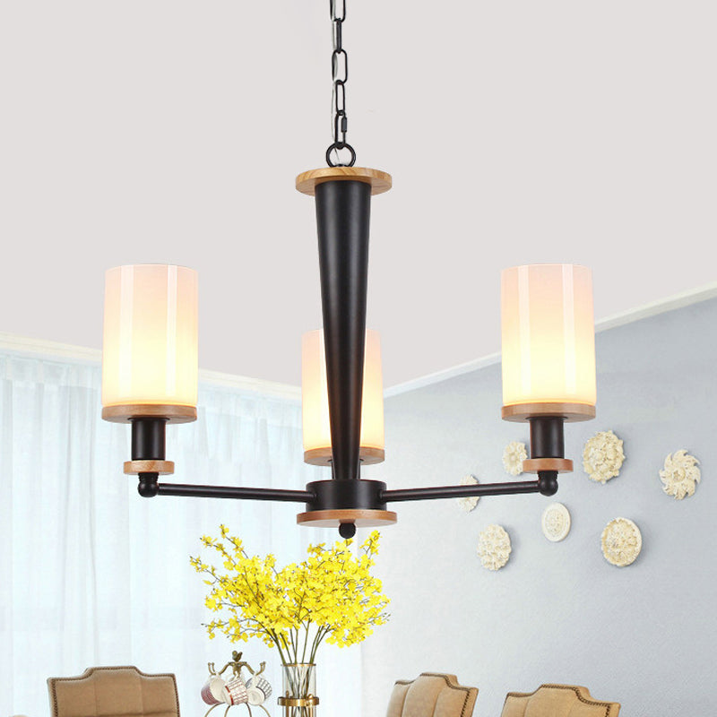 Classic Cylindrical Pendant Chandelier With White Glass Available In 3/5/6 Heads Black Finish